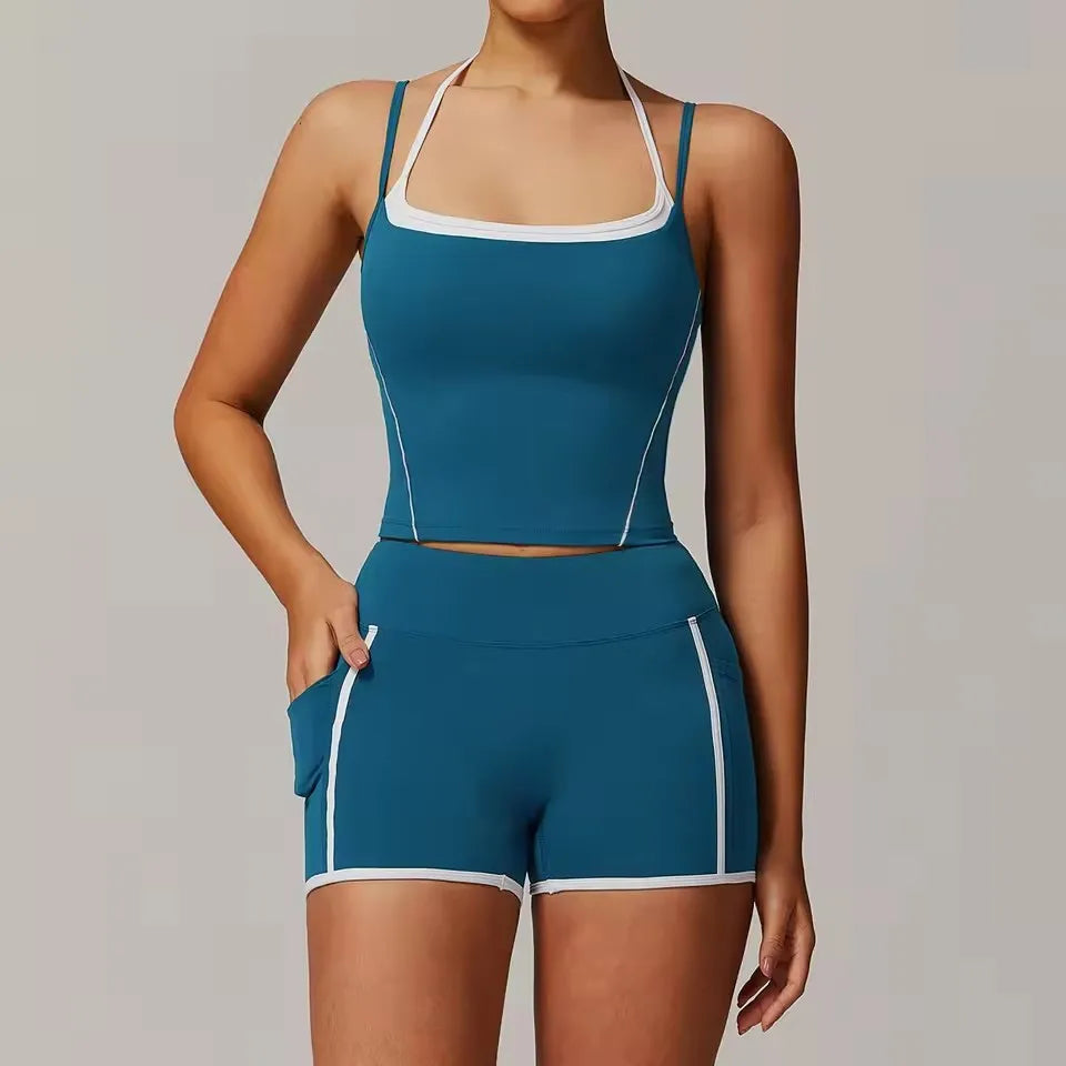 Cralom 2-Piece Gym Leggings Set: Sports Bra & Crop Top Fitness Suit