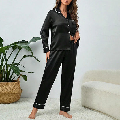 Cralom Satin 2 Piece Lounge Set: Button Top & Pants, Sexy Nighty Pajama
