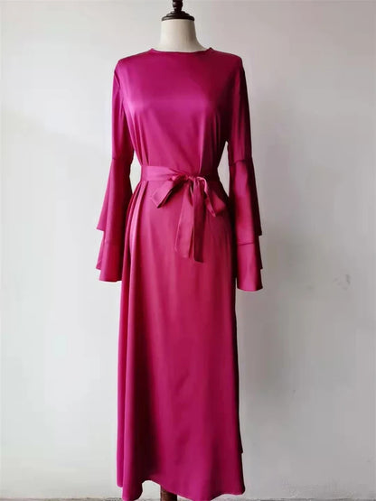 Cralom Luxury Satin Muslim Kaftan Abaya Dubai Caftan Robe Femme