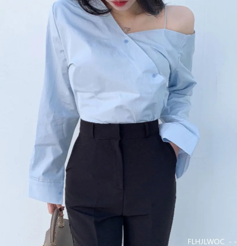 Cralom Button Blue One Shoulder Top: Office Chic Flare Sleeve Blouse