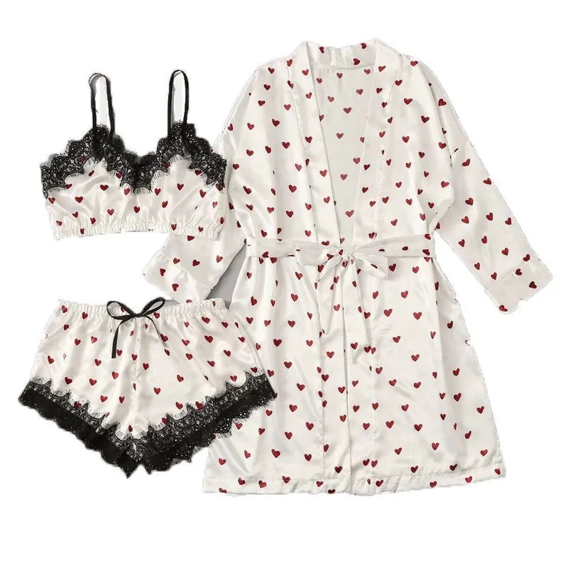 Cralom Women's Silk Pajama Set: Ice Silk Nightwear with Suspender Nightdress, Summer Homewear in Stylish Print