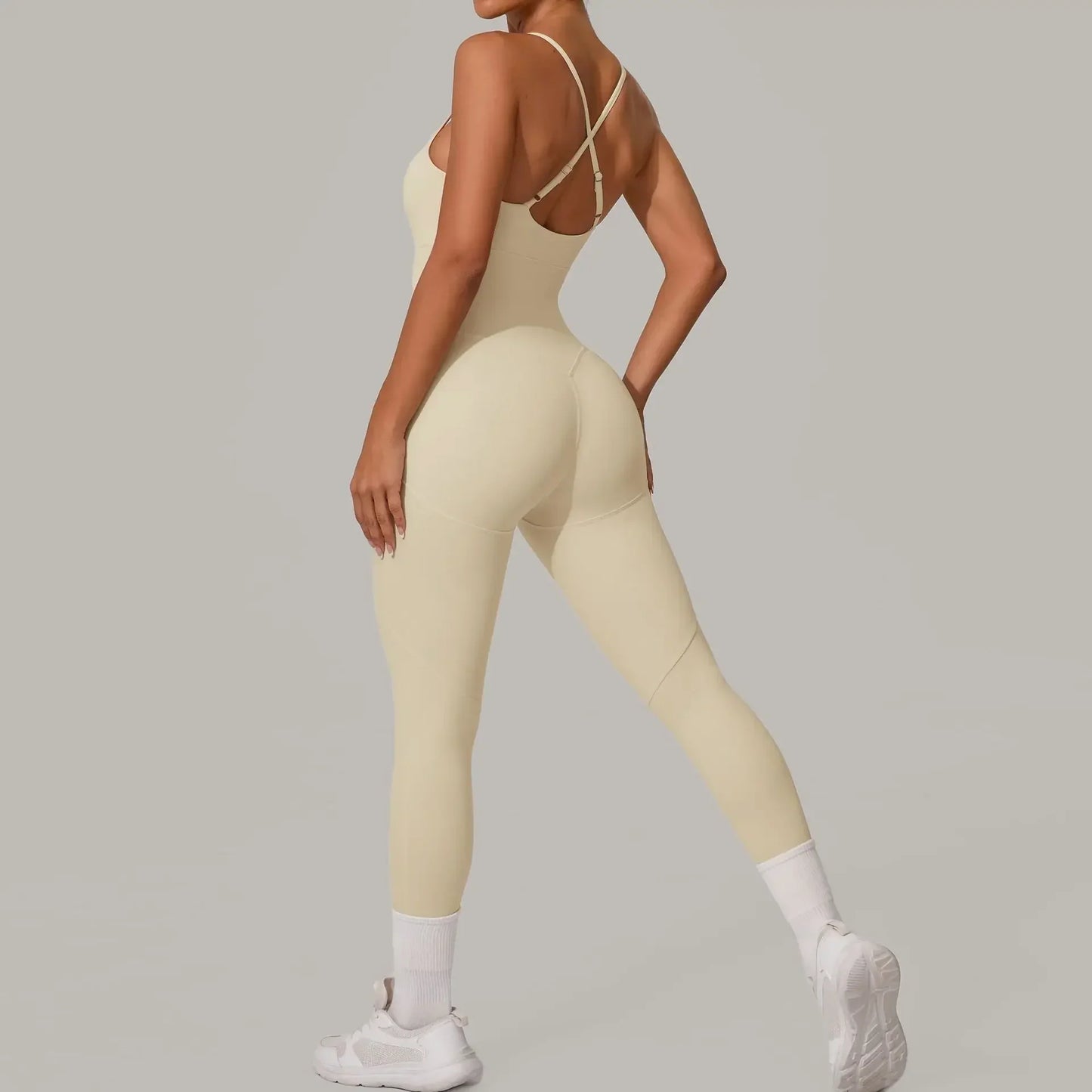 Cralom Seamless Cross Back Yoga Jumpsuit - Adjustable Straps, Butt Lifting
