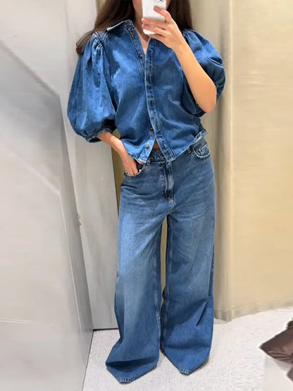 Cralom Denim Puff Sleeve Blouse - Blue Y2K Washed Casual Jacket