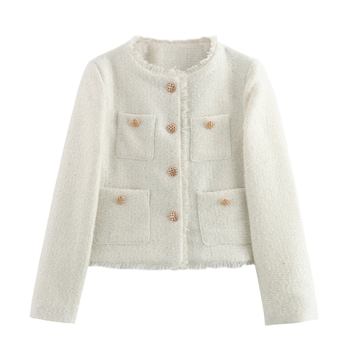 Cralom Solid Spliced Button Short Coat O Neck Long Sleeve Minimalist Women's Fashion