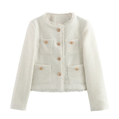 Cralom Solid Spliced Button Short Coat O Neck Long Sleeve Minimalist Women's Fashion