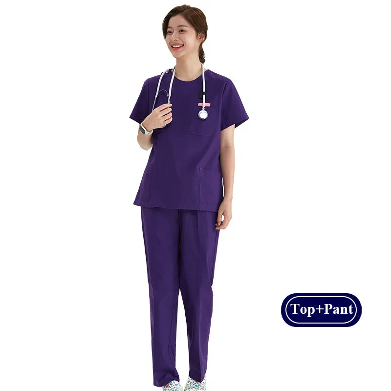 Cralom Heather Scrub Set: Men Women Zip Top, Drawstring Pants 2pc Slim Tunic