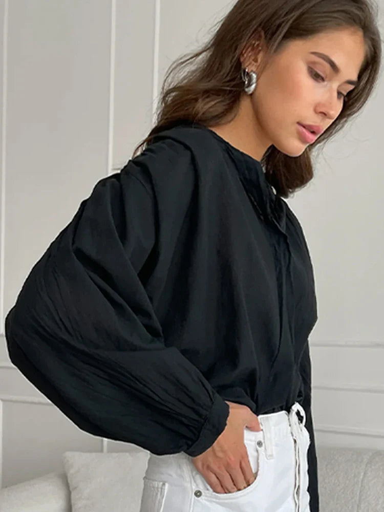 Cralom Solid Chiffon Shirt O Neck Long Sleeve Elegant Blouse