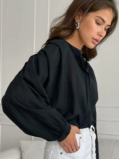 Cralom Solid Chiffon Shirt O Neck Long Sleeve Elegant Blouse