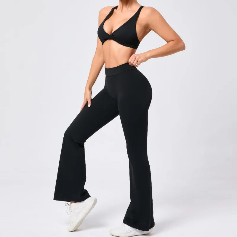 Cralom Flared Pants & Beauty Back Bra Set - Brushed Fabric Yoga Suit