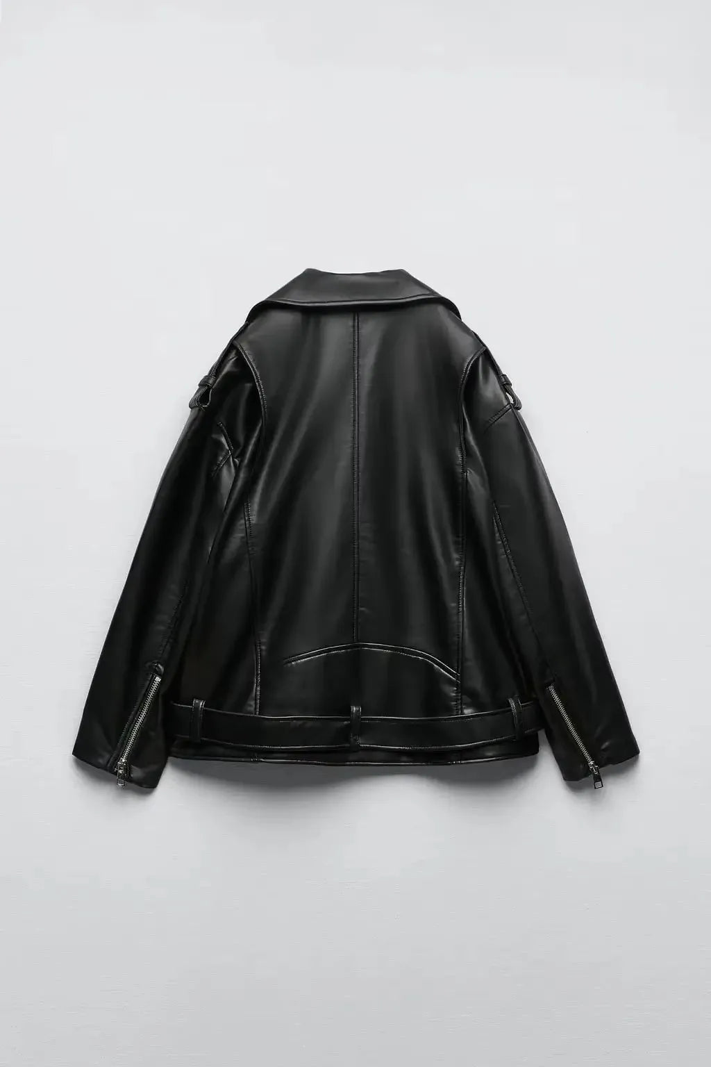 Cralom Black Faux Leather Belted Jacket for Women