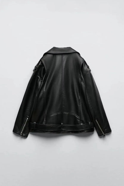 Cralom Black Faux Leather Belted Jacket for Women