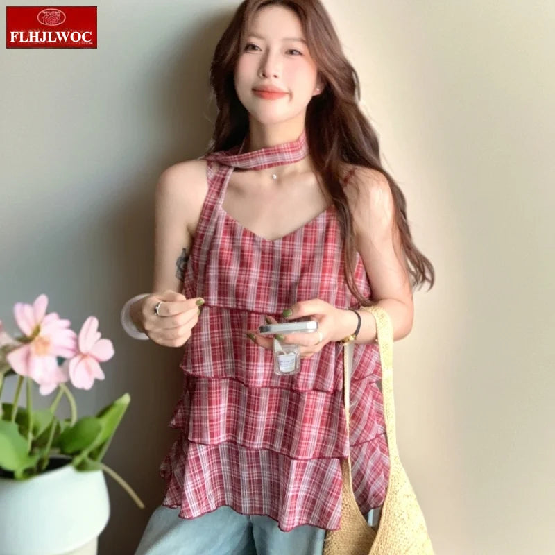 Cralom Retro Red Plaid Peplum Top Vintage Ruffles Layer Blouse