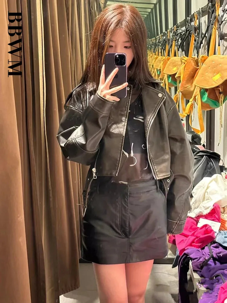 Cralom Retro Zipper Belt Motorcycle Jacket - 2023 Spring Chic Slim Fit Top