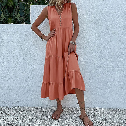 Cralom Women's Solid Color Loose A-Line Midi Dress - 2024 Summer Fashion