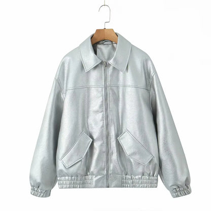 Cralom Retro Loose Faux Leather Jacket - Women's Moto Zip Coat