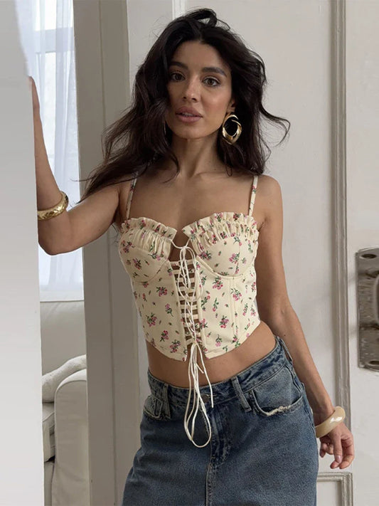 Cralom Bandage Hollow Out Short Tank Top - 2025 Summer Street Print Corset Top