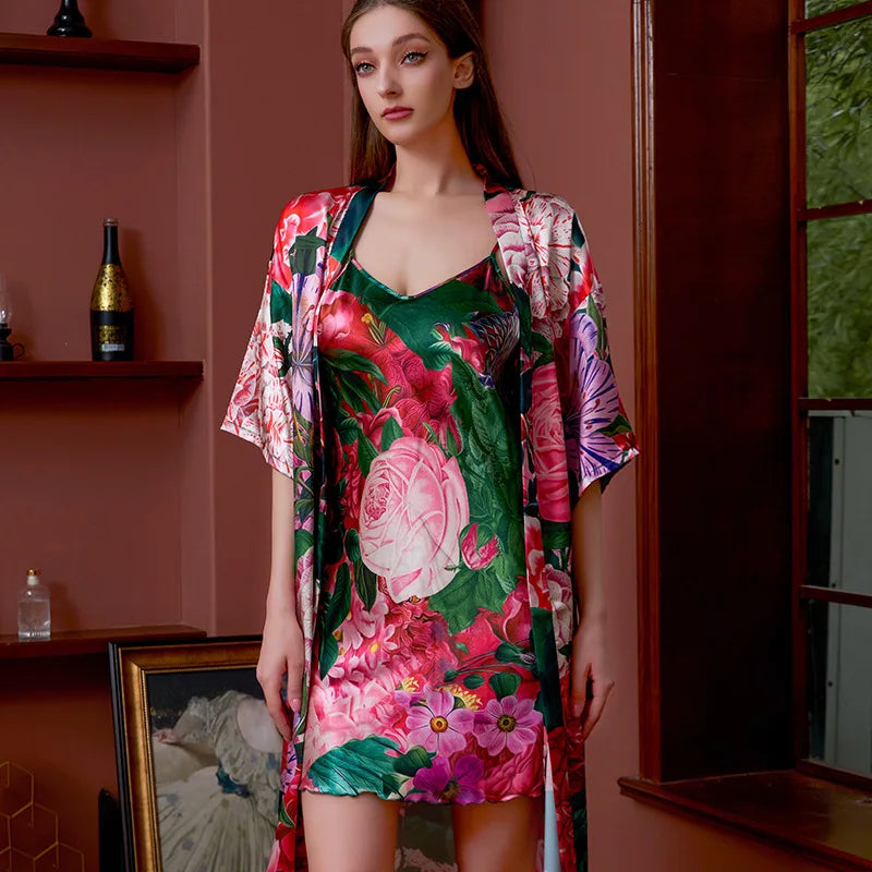 Elegant Floral Print Satin Pajama Set with Robe, Dress, and Suspender - Cralom