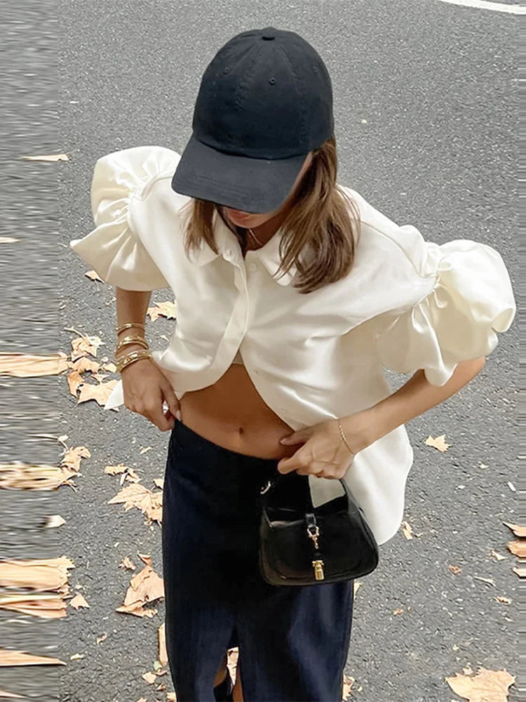 Cralom Satin Puff Sleeve Blouse Solid Lapel Single-breasted Pleated Shirt
