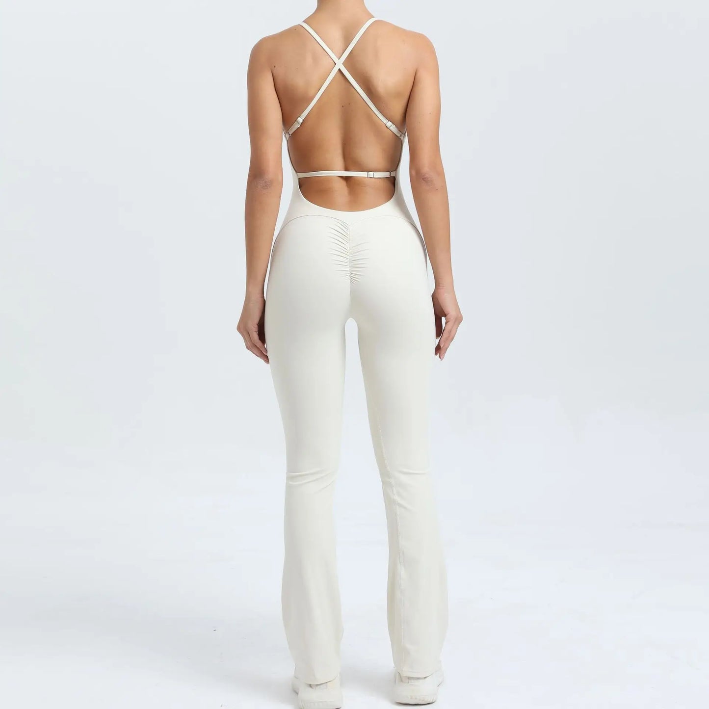 Cralom Yoga Set Flared Jumpsuit for Women Gym Workout Scrunch Bodysuits