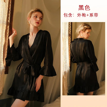 Cralom Sexy Silk Pajama Set: Stylish Lotus Leaf Cuff Robe & Nightgown Combo