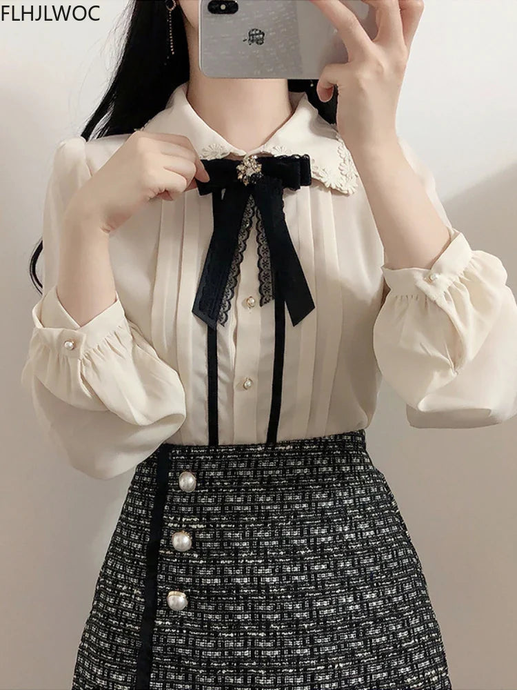 Cralom Spring Women's Preppy Button Shirts Pink White Vintage Design