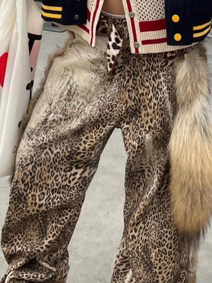 Cralom Vintage Leopard Wide Leg Jeans - Y2K Fashion Streetwear