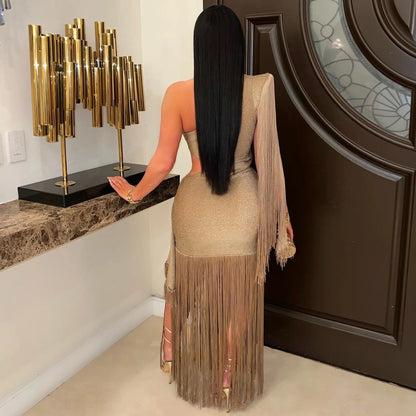 Cralom One Shoulder Tassel Long Dress
