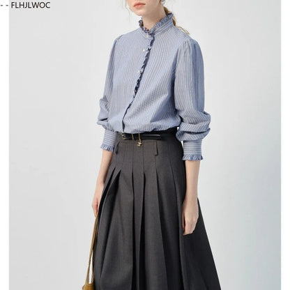 Cralom Blue Striped Retro Vintage Top for Women - Fall Chic Design
