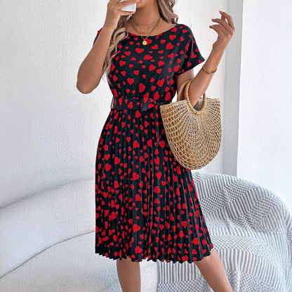 Cralom Heart Short Sleeve Waist Cinched Pleated Dress, Summer 2025