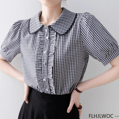 Cralom 2025 Summer Peter Pan Collar Plaid Top Retro Vintage Ruffles Button Blouse