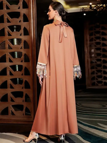 Helyn's Ramadan Eid Satin Abaya Muslim Evening Dress Caftan