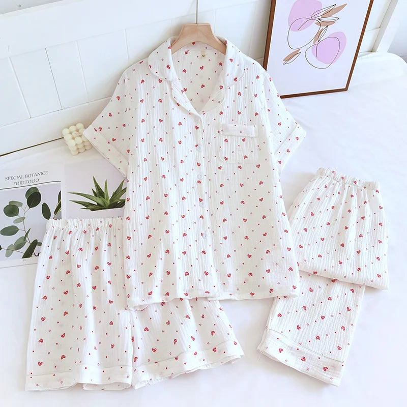 Cralom Cotton Flower Print Pajama Set: Top, Shorts, and Pants for Comfortable Summer