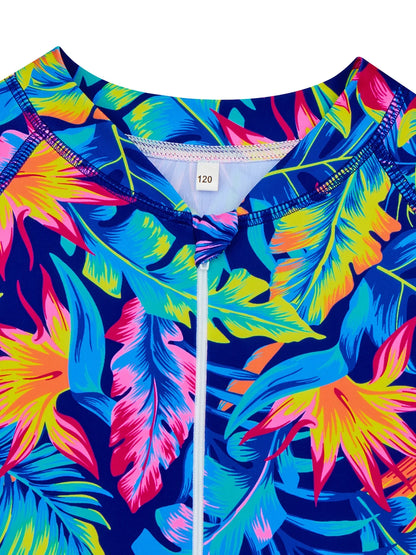 Girls Boyleg Shorts One-Piece Swimsuit, Long Sleeve, Colorful Leaves Print - Cralom