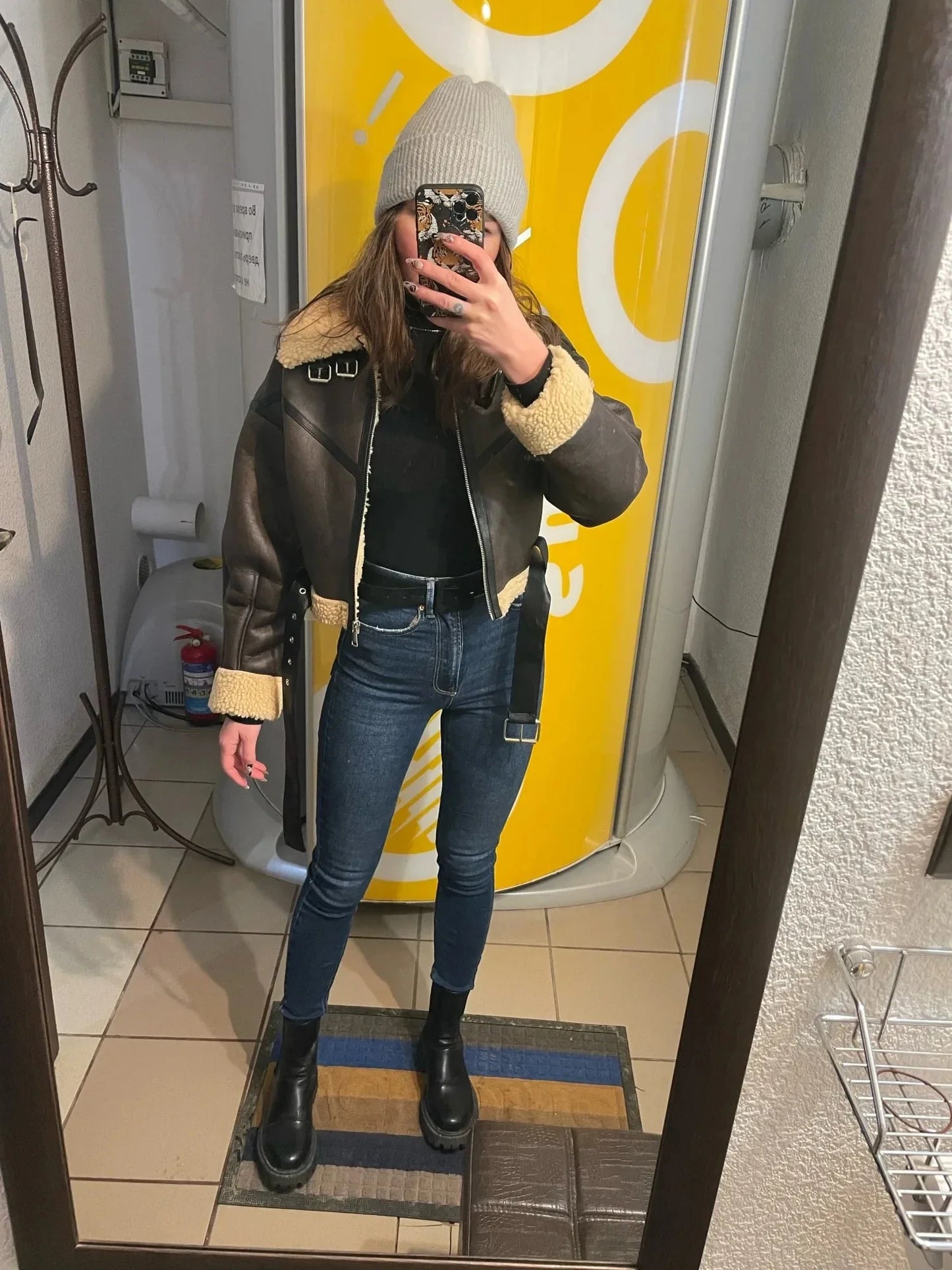Cralom Faux Lamb Leather Fur Jacket with Belt - Women's Winter Streetwear Coat
