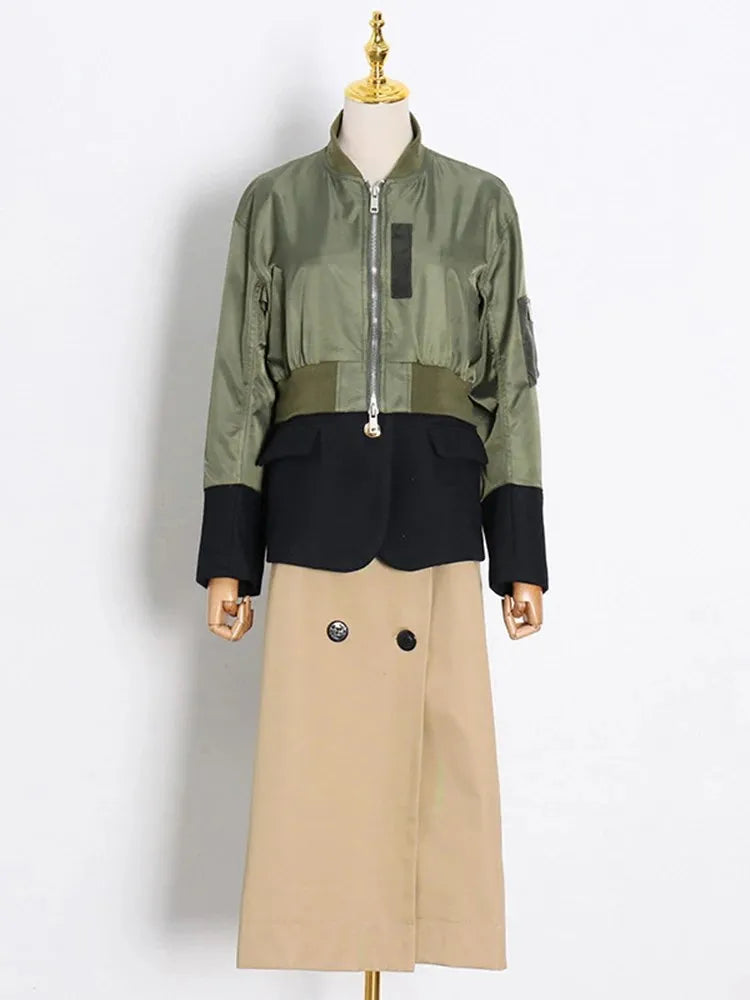 Cralom Colorblock Patchwork Button Coat | Streetwear Stand Collar Zipper Jacket