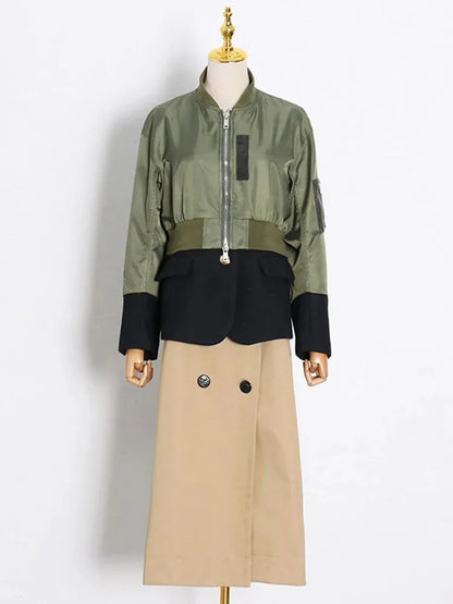 Cralom Colorblock Patchwork Button Coat | Streetwear Stand Collar Zipper Jacket