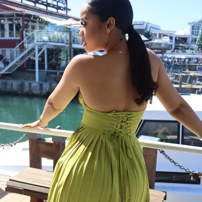 Cralom Solid Color Sleeveless Strapless Pleated Summer Dress