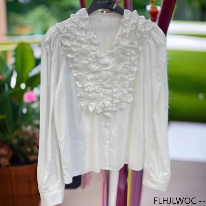 Cralom 2024 Autumn Chic White Button Blouse Solid Korea Fashion Tops.