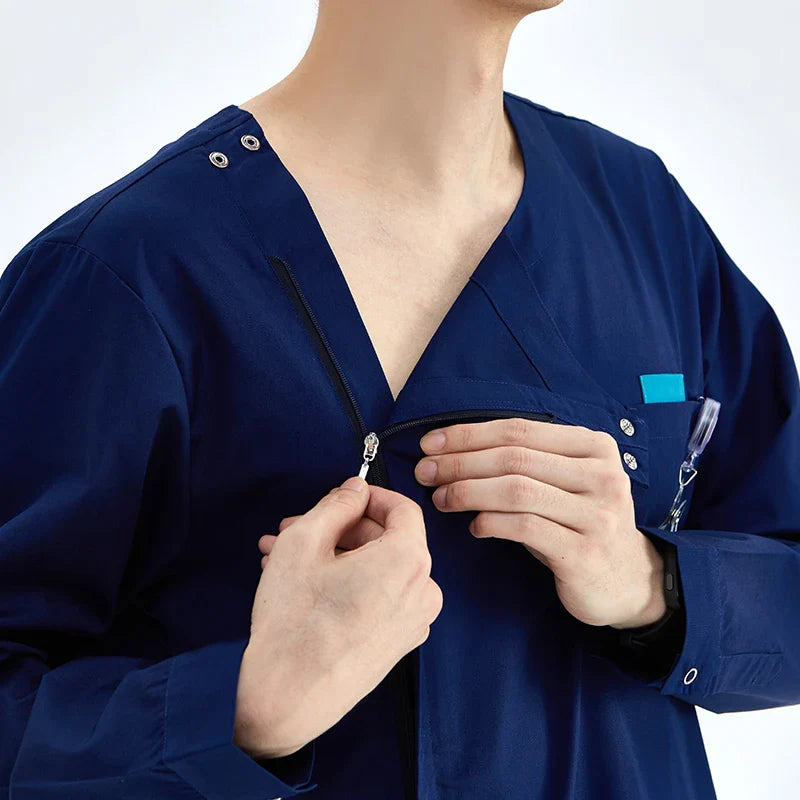Cralom Heather Scrub Set: Men Women Zip Top, Drawstring Pants 2pc Slim Tunic