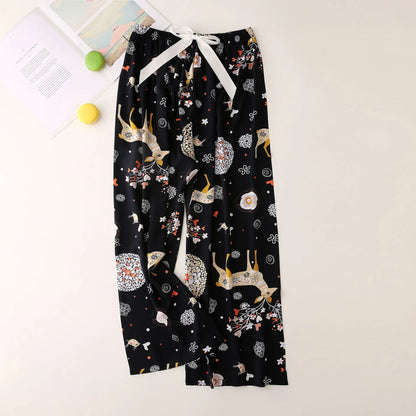 Cralom Floral Cotton Silk Pajama Pants Women's Loose Wide-leg Trousers