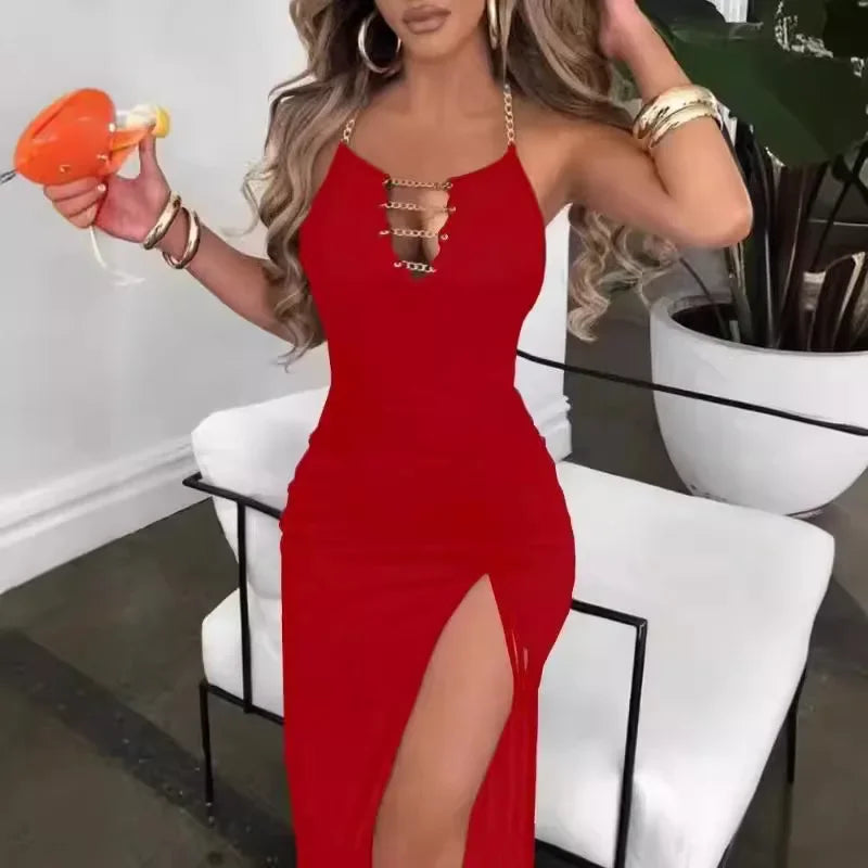 Cralom Solid Color Chain Sleeveless High Slit Dress