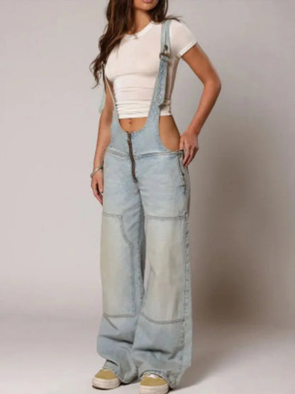 Cralom High Waist Backless Overalls Vintage Jeans - Trendy Y2k Style