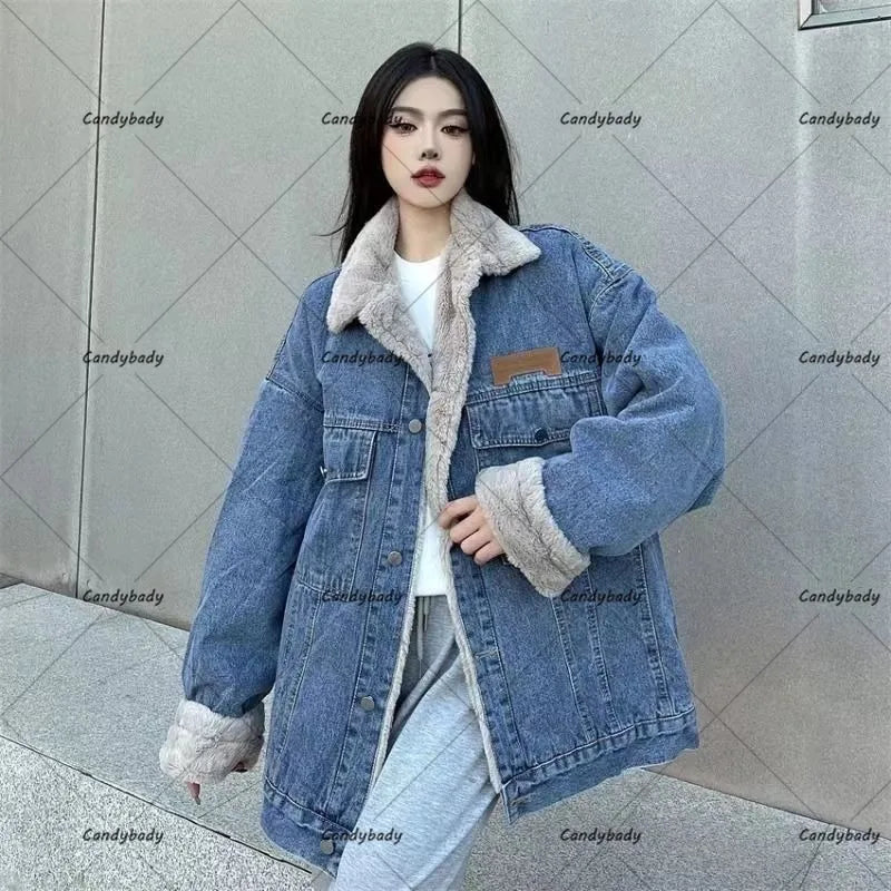 Cralom Lamb Wool Denim Jacket: Street Fashion Thickening, Trendy & Casual, Unisex Fit