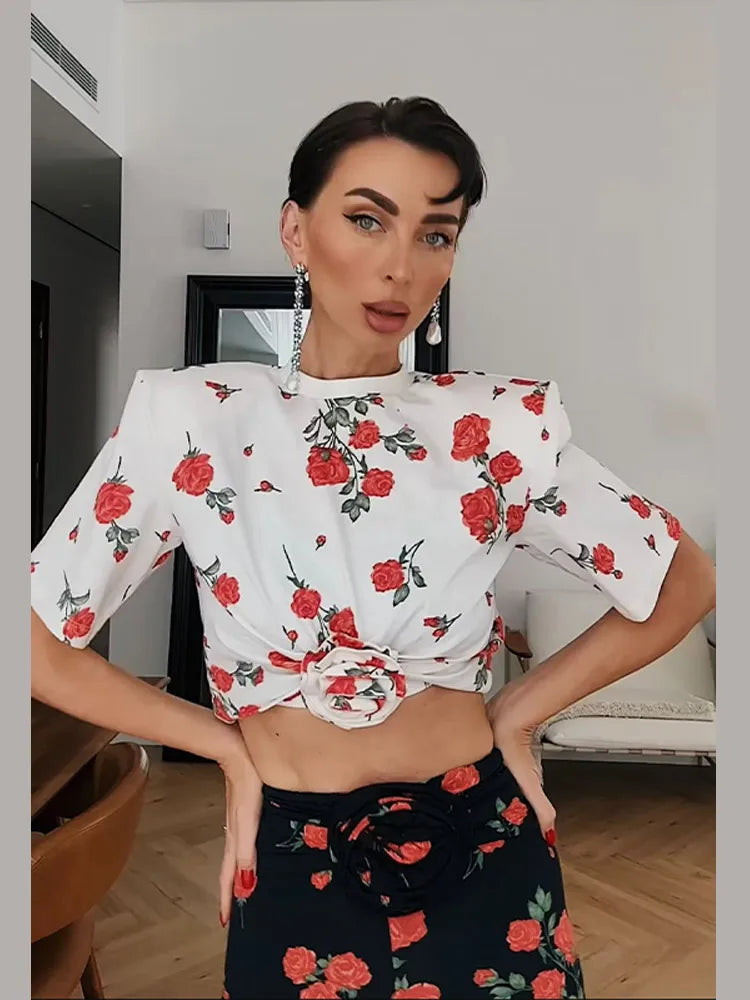 Cralom 3D Rose Print Women's Crop Top - Vintage Floral Retro Design