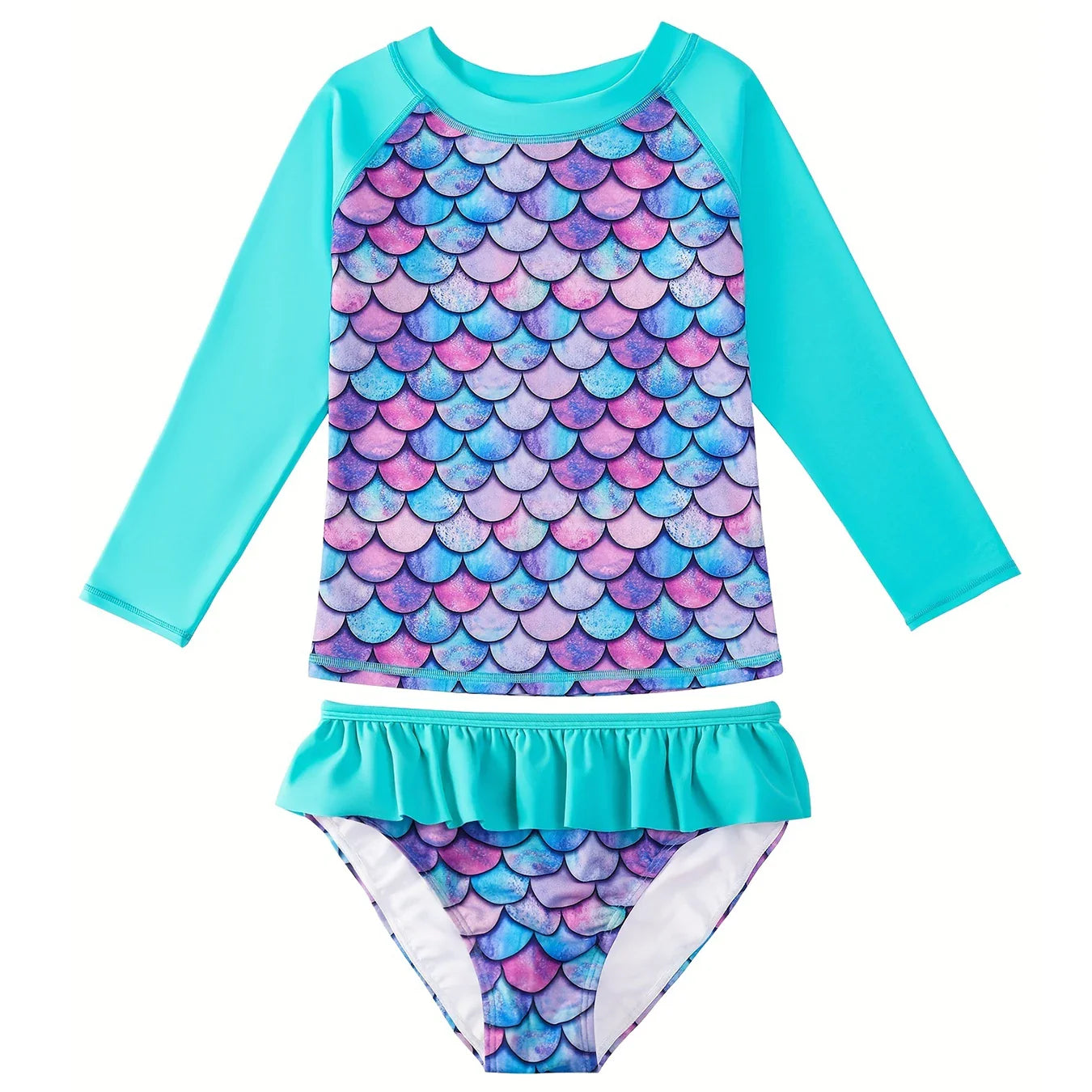 Cralom 2-Piece Long-Sleeve Scale Print Girls' Swimwear: Crew Neck Top & Bikini Cut Briefs