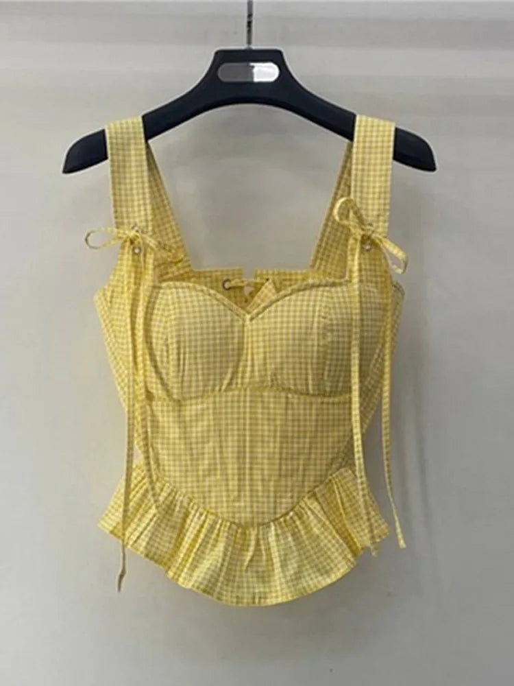Cralom Plaid Ruffles Sling Crop Top U-neck Sleeveless Vest