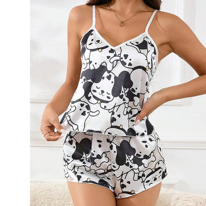 Cralom Floral Print Satin Pajama Set: V-Neck Cami & Shorts Loungewear