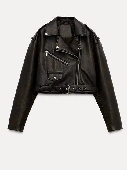 Cralom Vintage Style Short Leather Jacket for Women, Retro Zipper Coat Moto Outwear