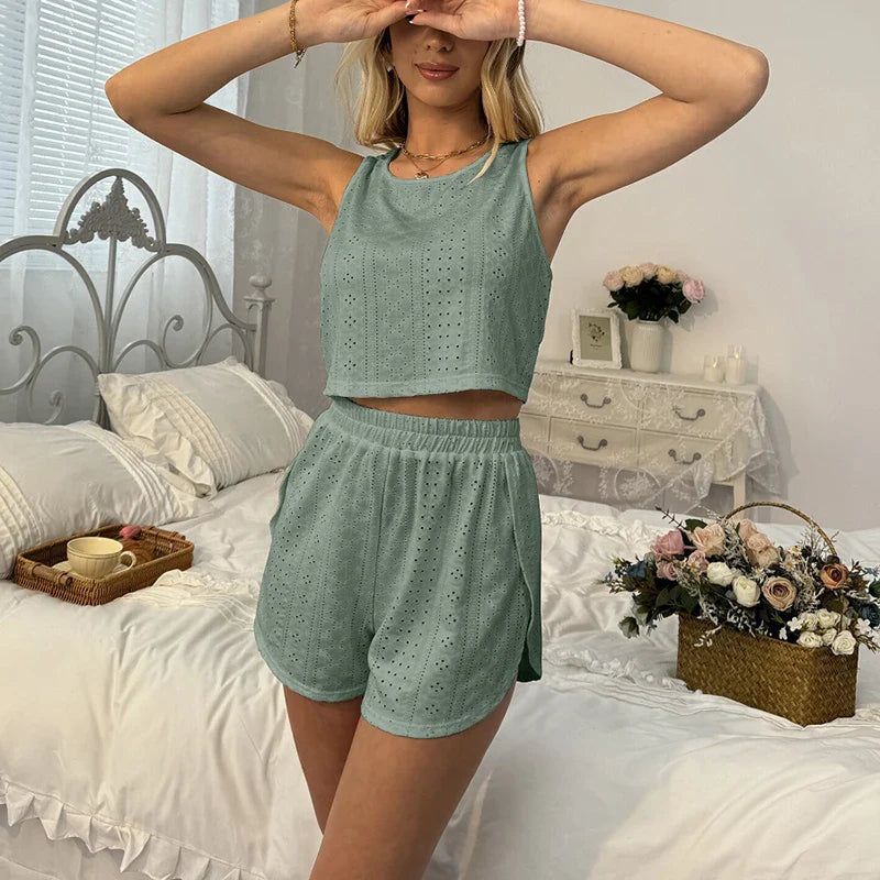 Cralom Cozy Vest Lounge Set: Cami Top & Elastic Shorts, Hollowed-Out Design, Summer Fashion