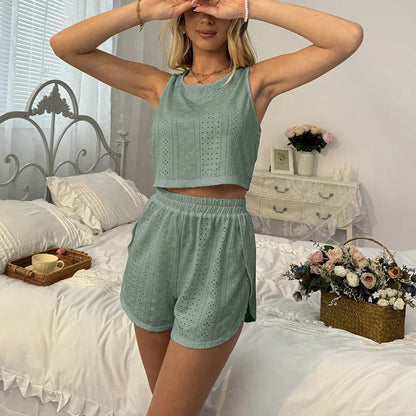 Cralom Cozy Vest Lounge Set: Cami Top & Elastic Shorts, Hollowed-Out Design, Summer Fashion